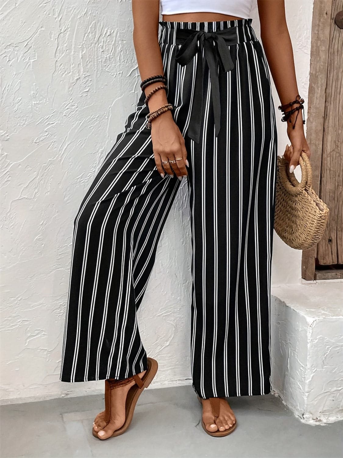 Striped High Waist Wide Leg Pants.