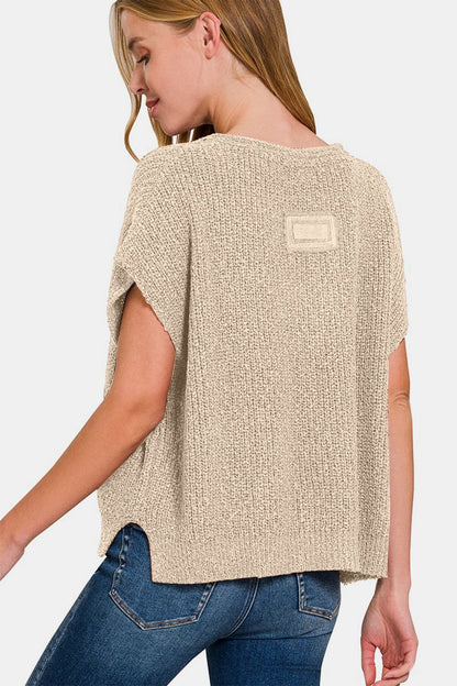 Zenana Short Sleeve Side Slit Sweater.