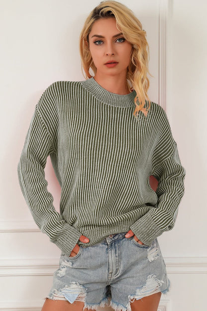 Striped Mock Neck Dropped Shoulder Sweater.