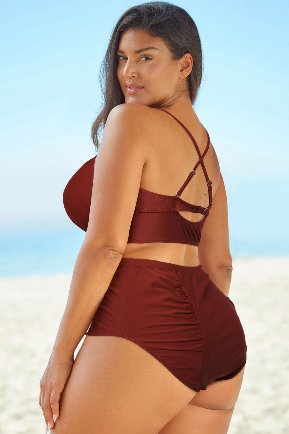 Full Size Halter Neck Crisscross Ruched Two-Piece Swimsuit.