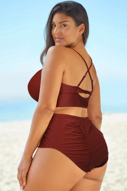 Full Size Halter Neck Crisscross Ruched Two-Piece Swimsuit.