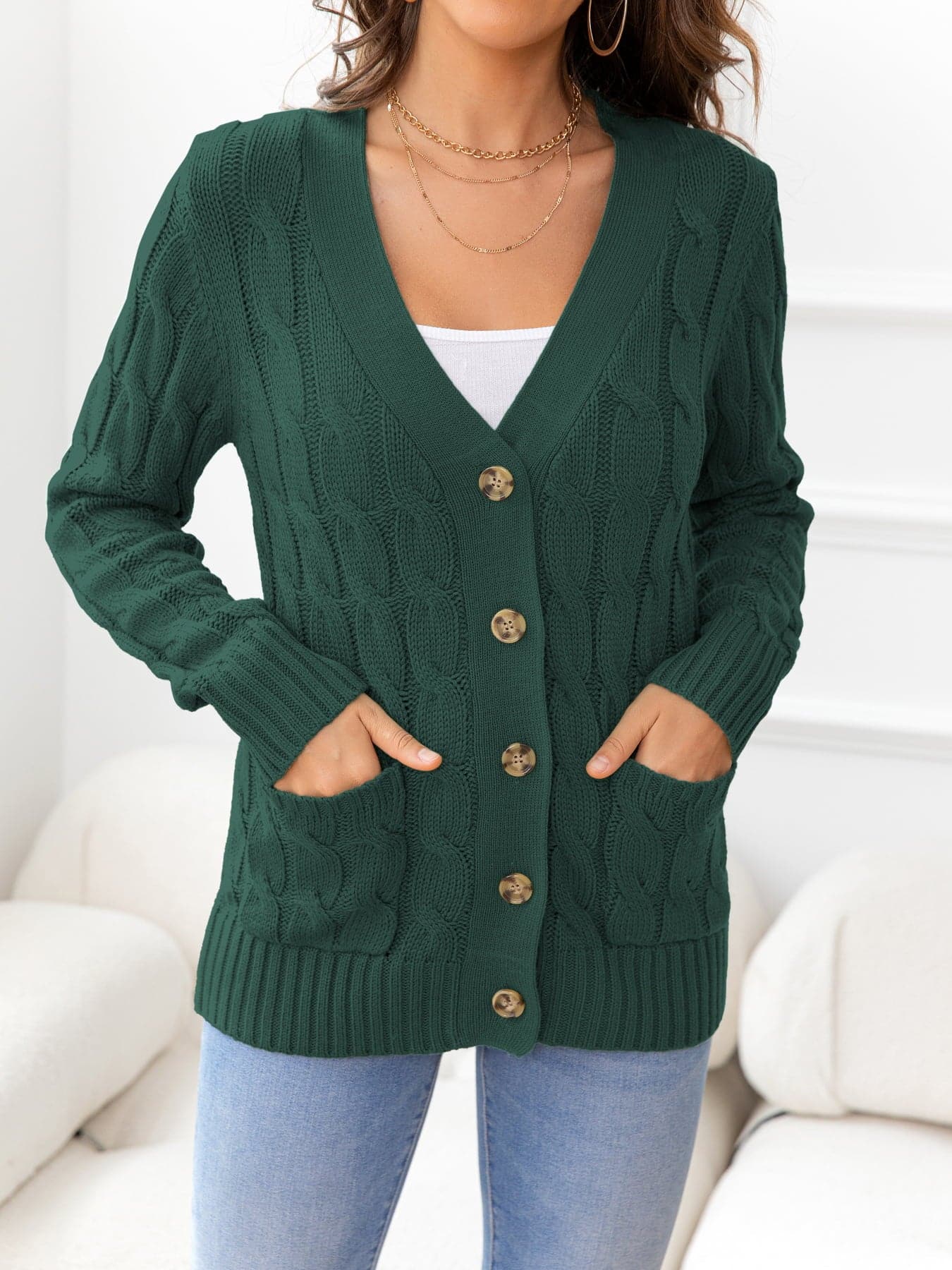 Button Down Cable-Knit Cardigan.