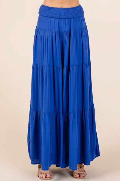 Elegant Tiered Wide Leg Smocked Pants with Elastic Waist and Pockets