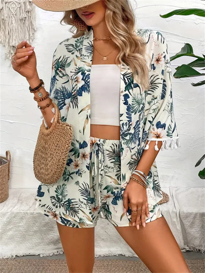 Tassel-Trimmed Printed Top and Shorts Ensemble