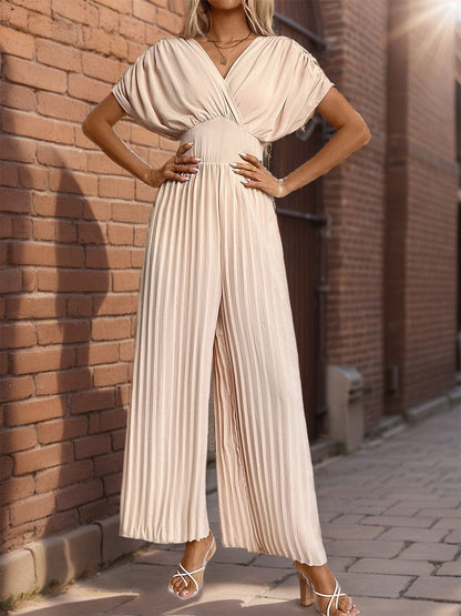 Pleated Short Sleeve Wide Leg Jumpsuit.