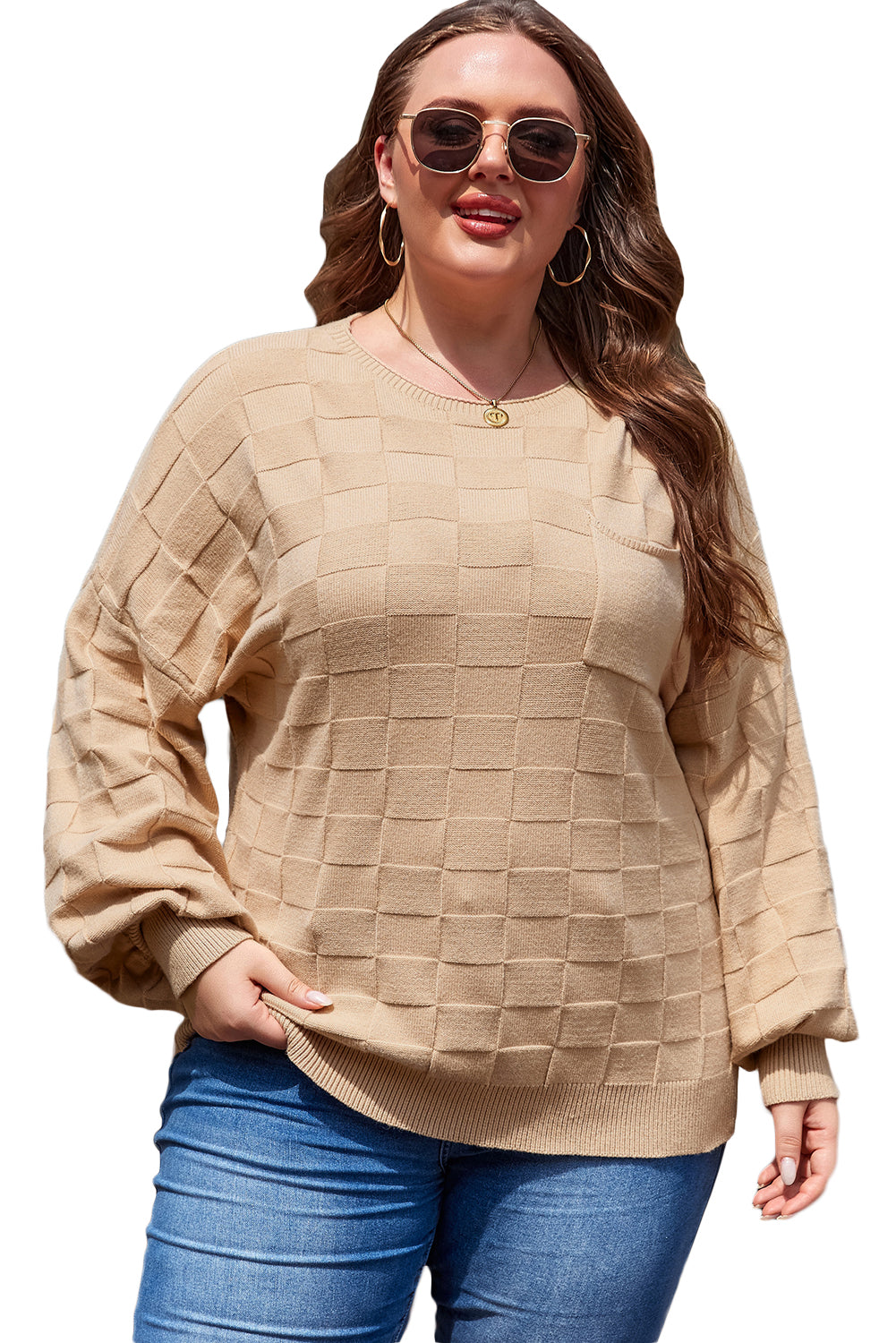 Cozy elegance: Light beige checkered textured knit sweater in plus sizes