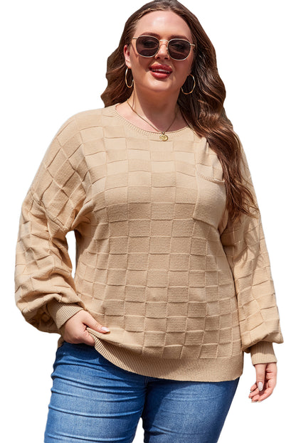 Cozy elegance: Light beige checkered textured knit sweater in plus sizes