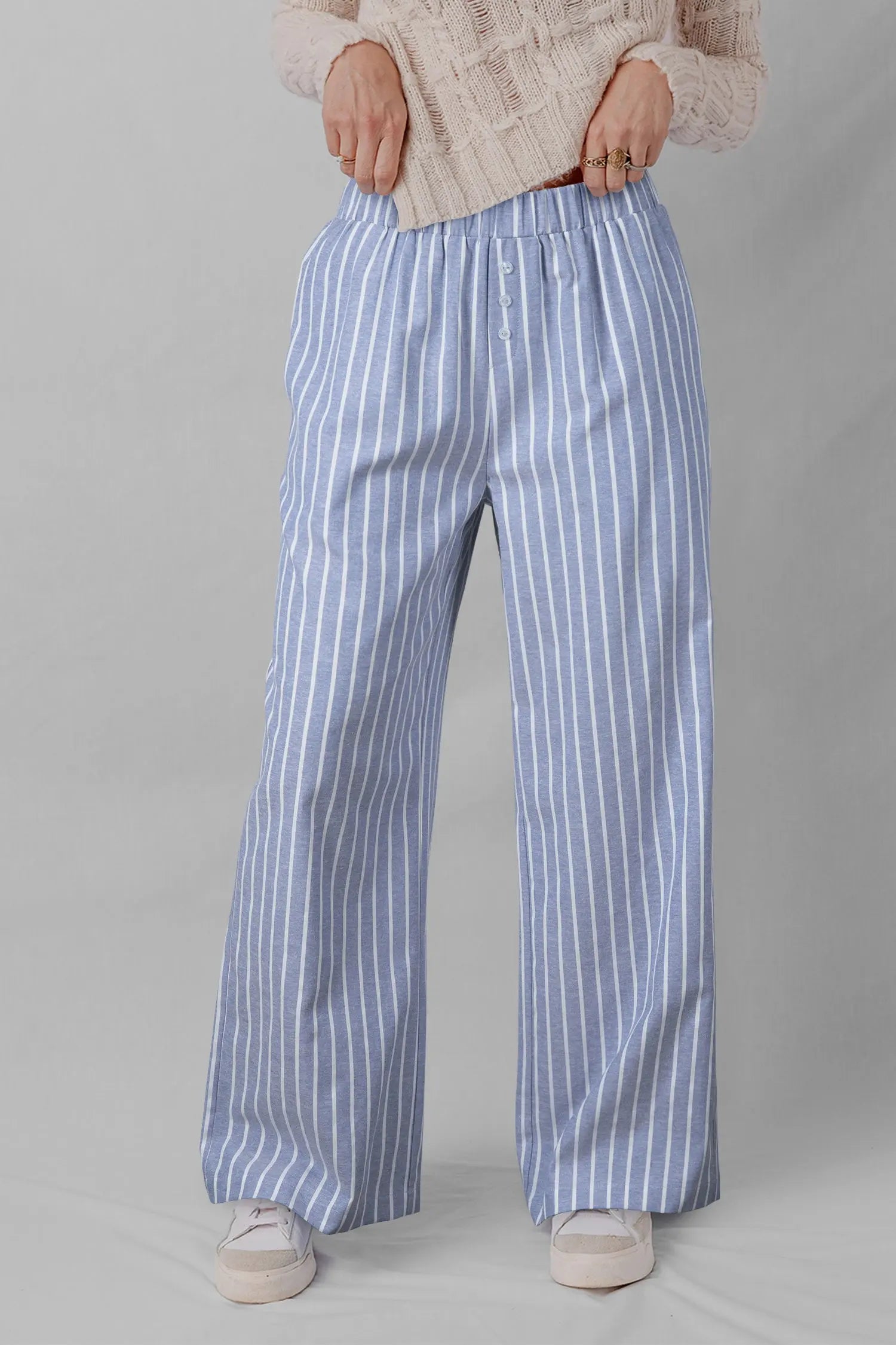 Sky Blue Stripe Buttoned Loose Casual Pants For Women Relaxed Fit Dear-Lover Dropshipping