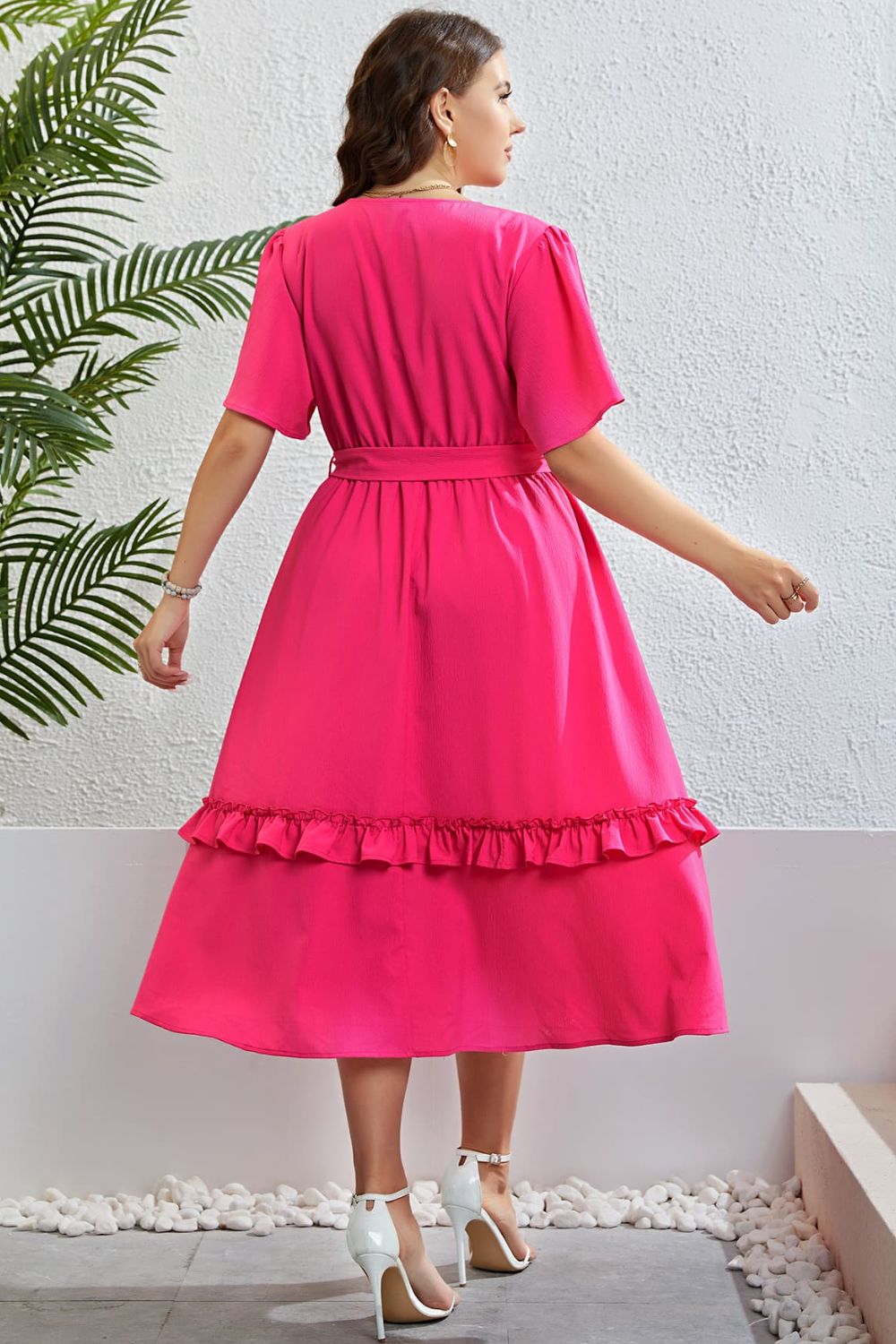 Belted Frill Trim Flutter Sleeve Dress Divine Design4U