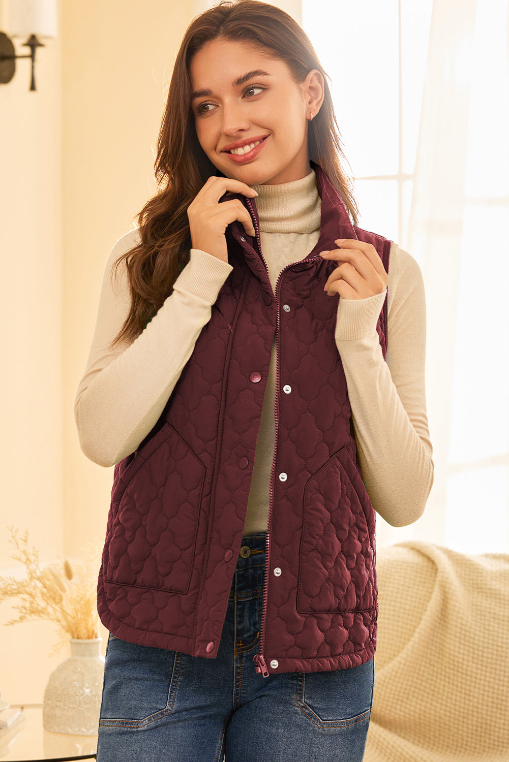 Wild Ginger Flower Shape Quilted Winter Vest With Snap Button Front Zip Up For Cold Weather Dear-Lover Dropshipping