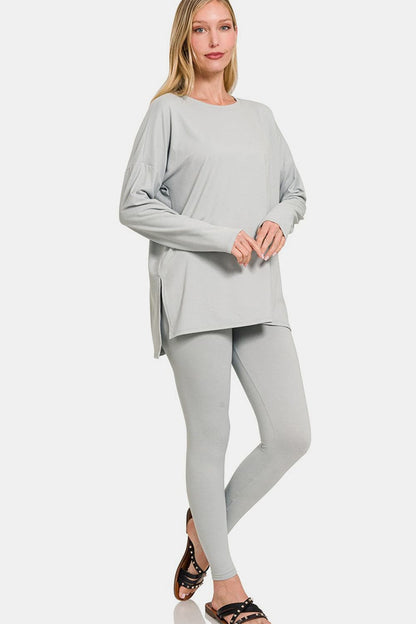 Zenana cozy lounge set in soft microfiber, relaxed fit top with form-fitting leggings, ideal for comfort and style.