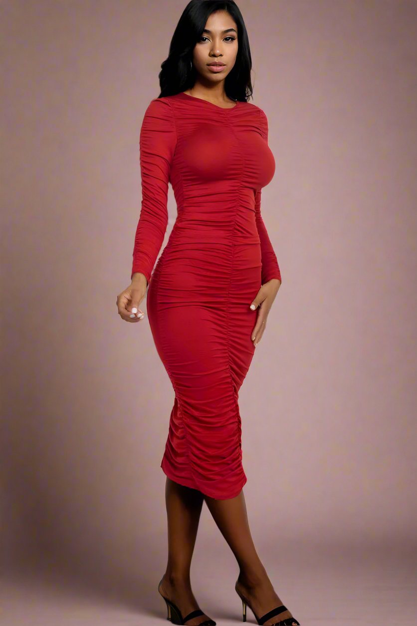 Ruched Long Sleeve Midi Dress – Elegant Bodycon Fit Coco’s Tee Boutique