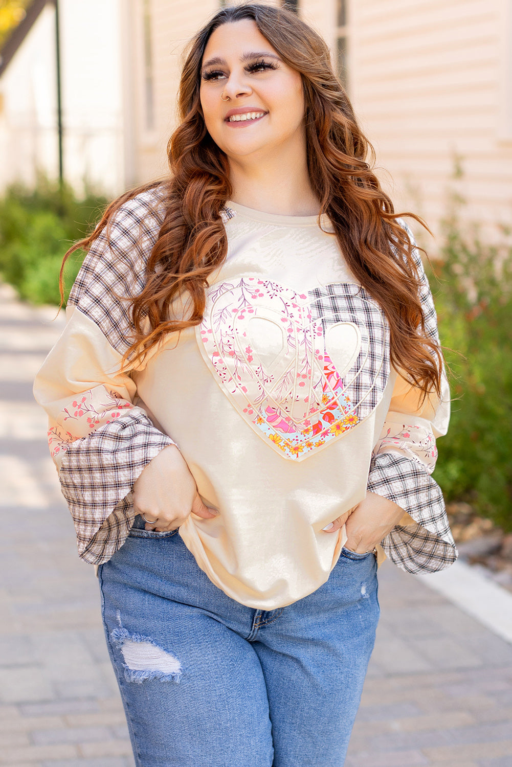 Beige Plaid Floral Peace Heart Graphic Wide Long Sleeve Top