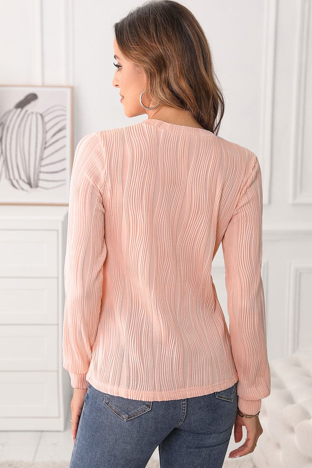 Textured Round Neck Long Sleeve Blouse.