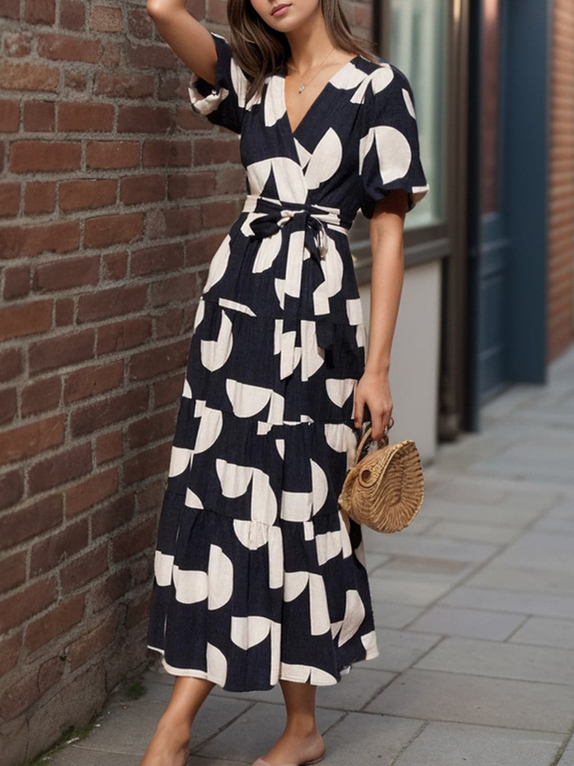 Tied Slit Printed Half Sleeve Midi Dress.