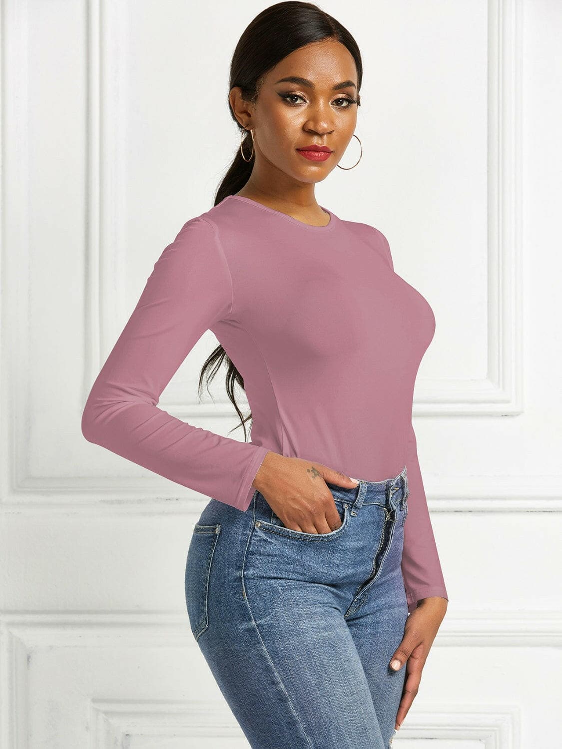 Round Neck Long Sleeve Bodysuit.