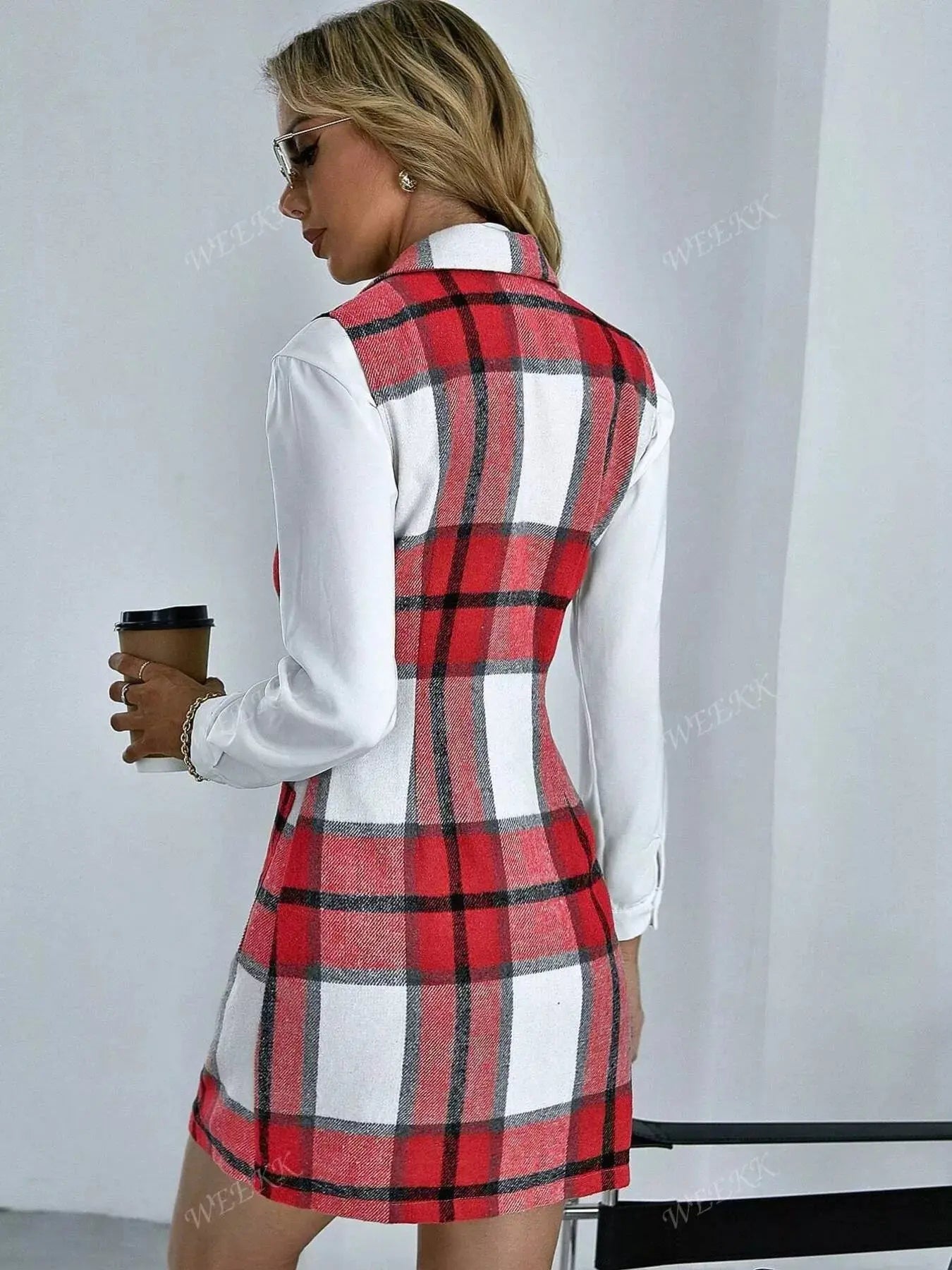 Plaid Double-Breasted Sleeveless Blazer Dress Simply Love