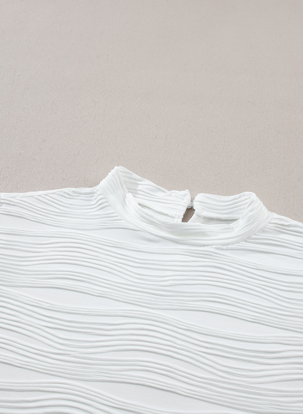 White Wavy Textured Mock Neck Cap Sleeve Top