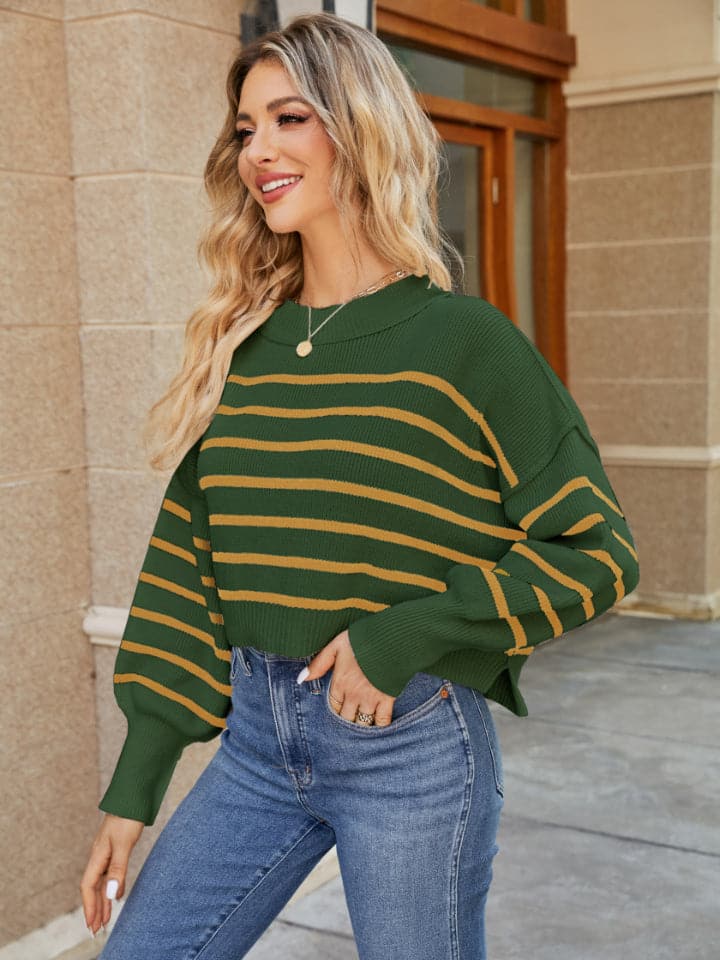 Round Neck Striped Lantern Sleeve Sweater.