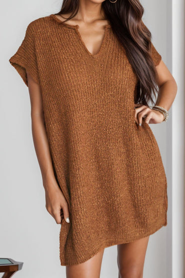 Notched Cap Sleeve Mini Sweater Dress.