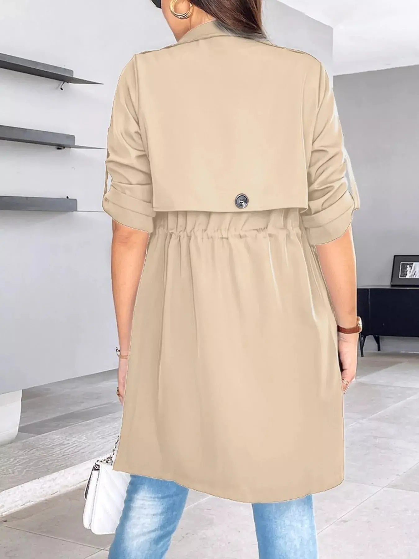 Beige Drape Collar Lightweight Trench Coat With Pockets And Drawstring Simply Love