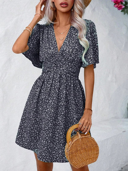 Printed V-Neck Half Sleeve Mini Dress.