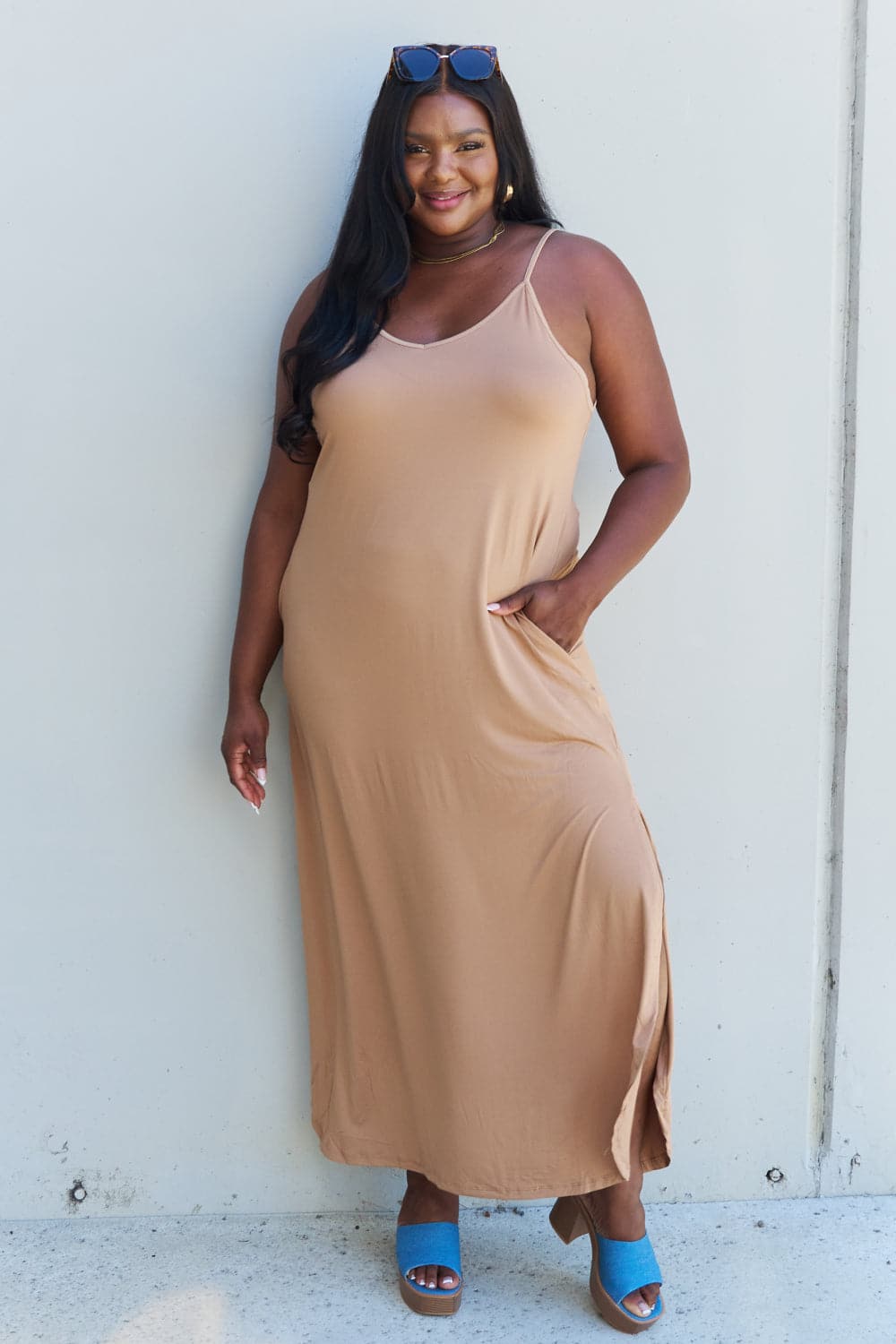 Ninexis Good Energy Full Size Cami Side Slit Maxi Dress in Camel.