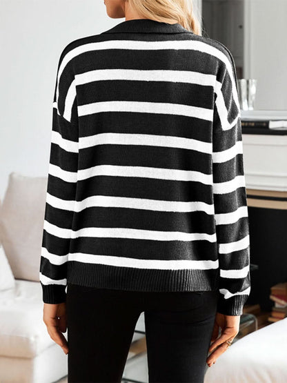 Striped Johnny Collar Long Sleeve Sweater