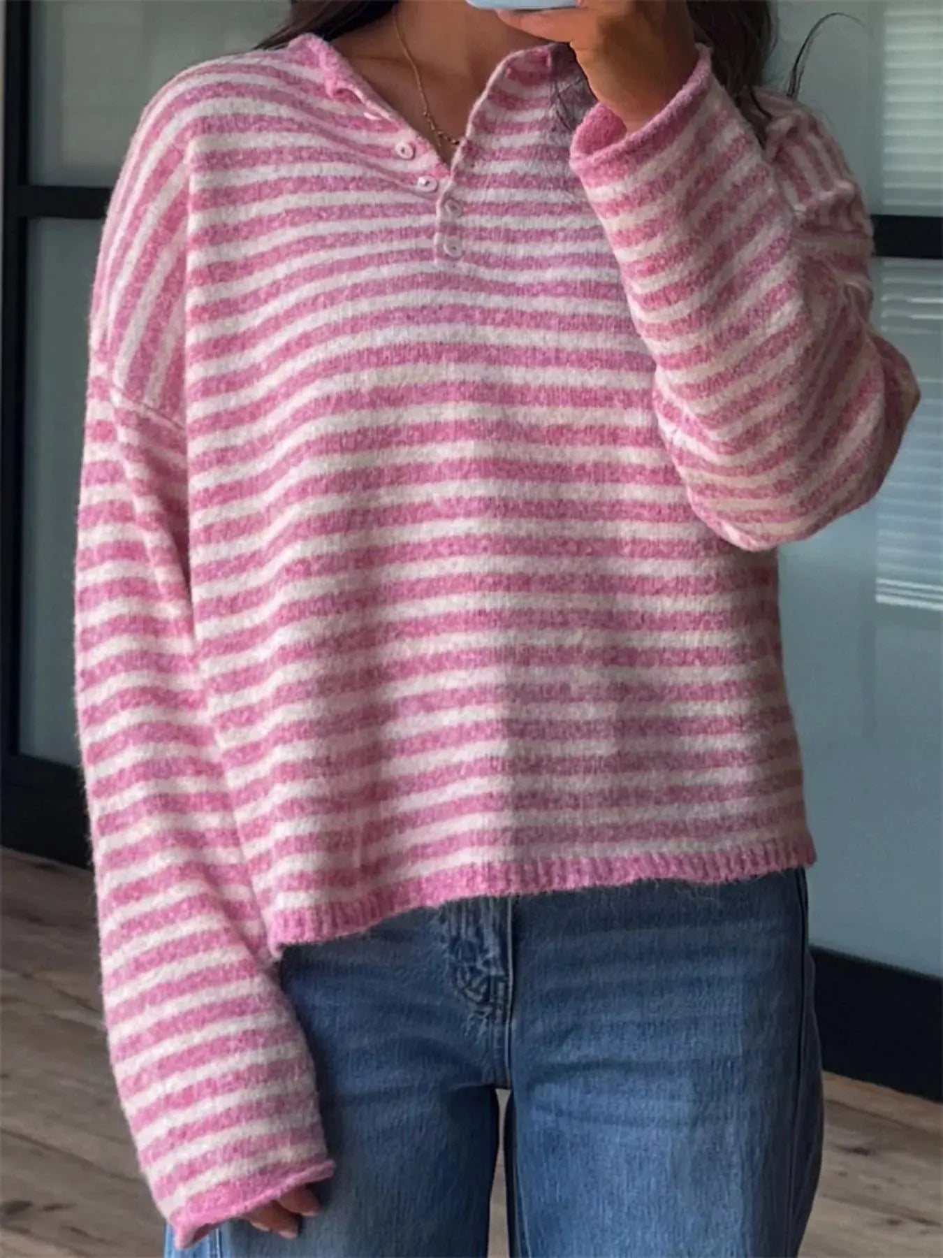 Button Detail Dropped Shoulder Striped Sweater Simply Love