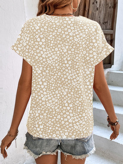 Printed V-Neck Short Sleeve Blouse.