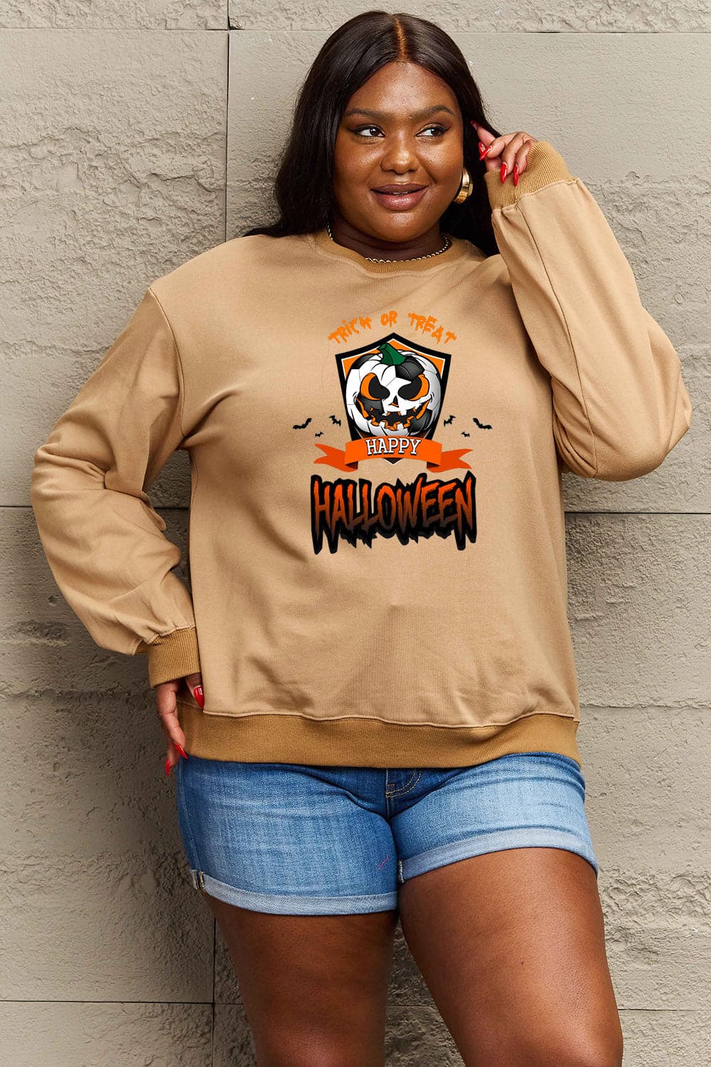 Simply Love Full Size TRICK OR TREAT HAPPY HALLOWEEN Graphic Sweatshirt.