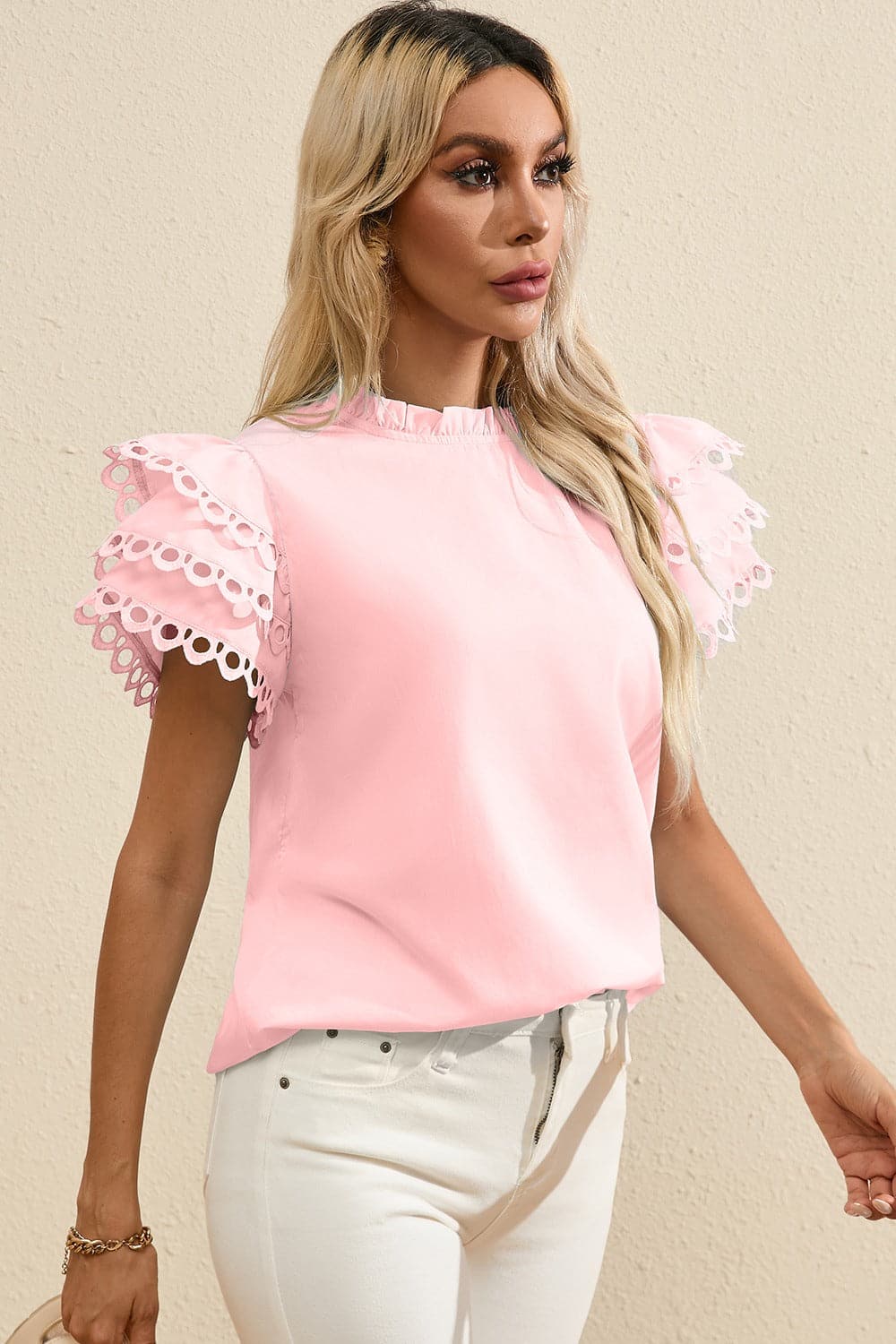 Ruffled Eyelet Round Neck Cap Sleeve Blouse.