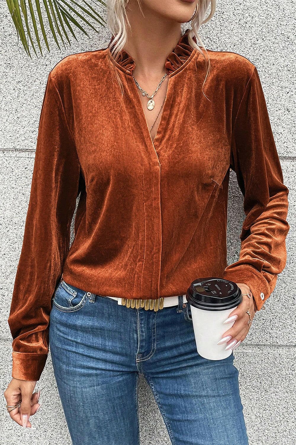 Notched Frill Detail Long Sleeve Blouse.