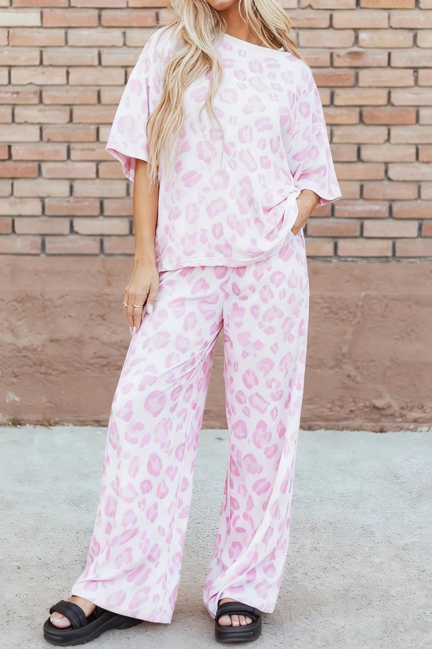 Pink Leopard Print Two Piece Top and Pants Set for Lounge Wear Dear-Lover Dropshipping