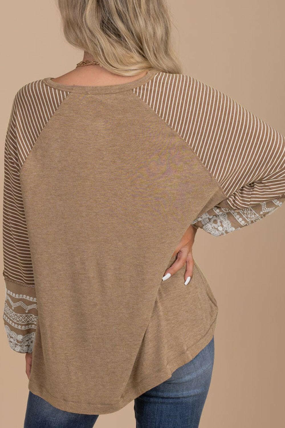 Striped Round Neck Long Sleeve Blouse.