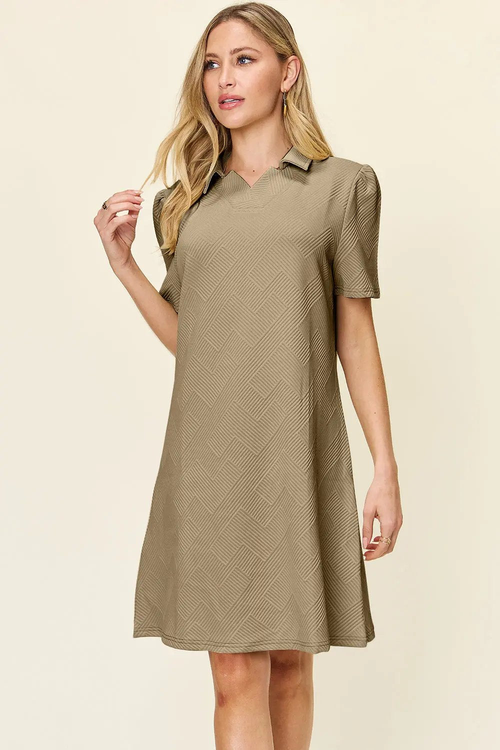 Double Take Full Size Texture Collared Neck Short Sleeve Dress - Love Salve
