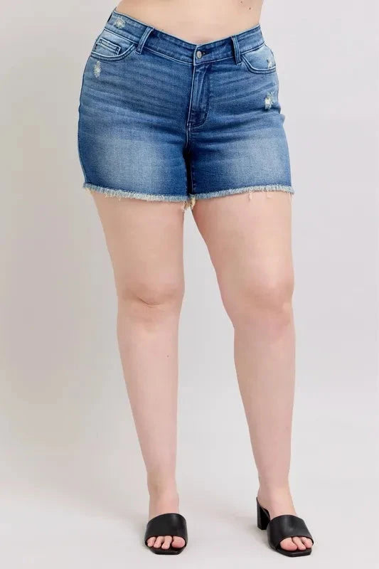 Judy Blue Full Size V-Front Denim Shorts with Shield Pockets Plus Size Coco’s Tee Boutique