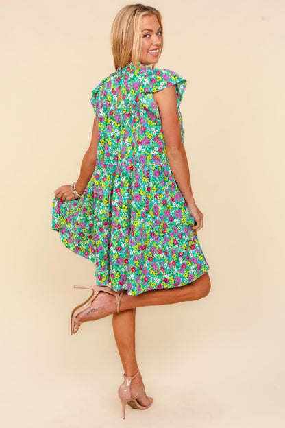 Haptics Frilled Mock Neck Ditsy Floral Dress.