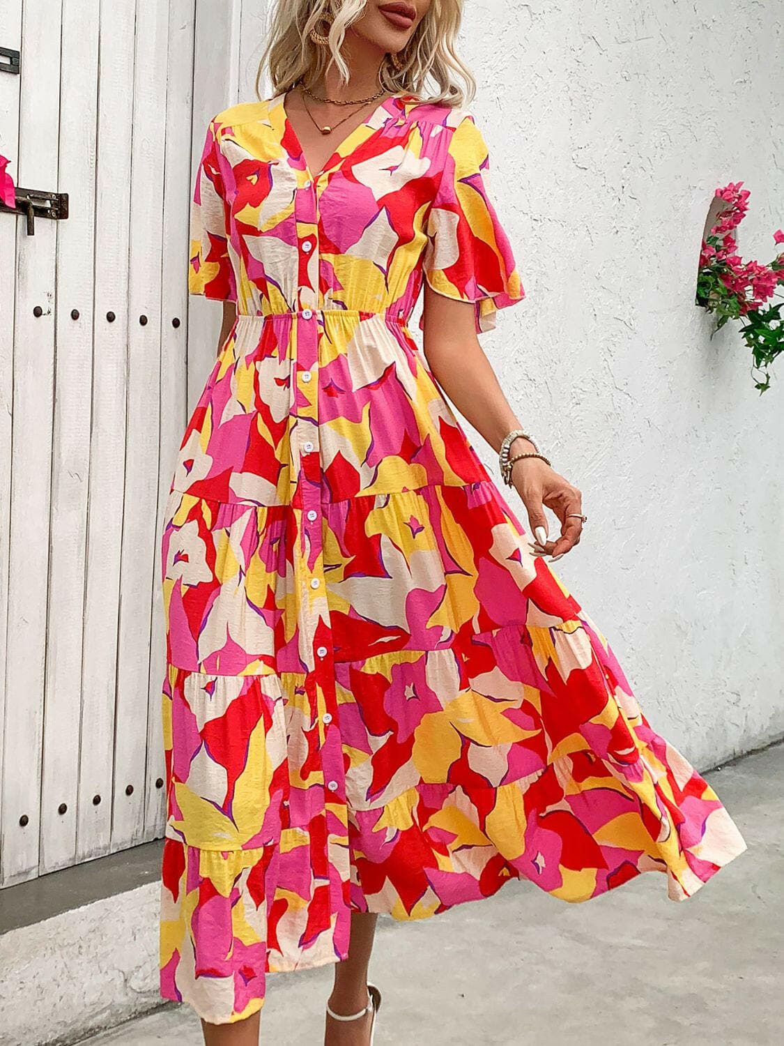 Printed V-Neck Flutter Sleeve Midi Dress.