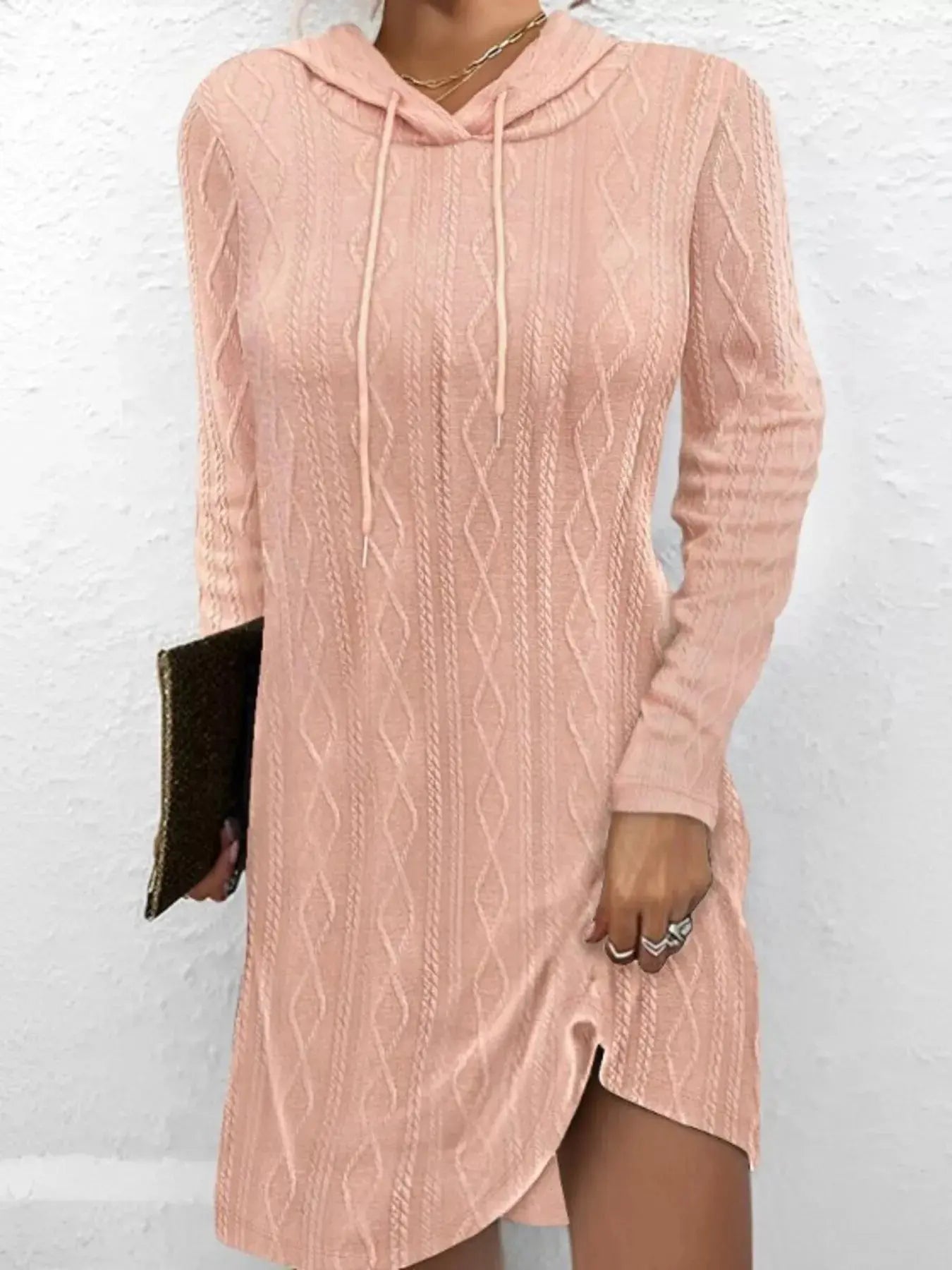 Casual Long Sleeve Hooded Cable Knit Dress With Drawstring Slit Simply Love