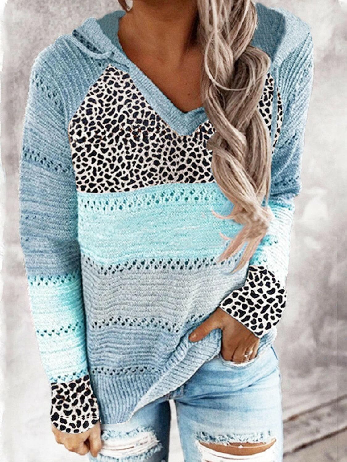 Full Size Openwork Leopard Drawstring Hooded Sweater.