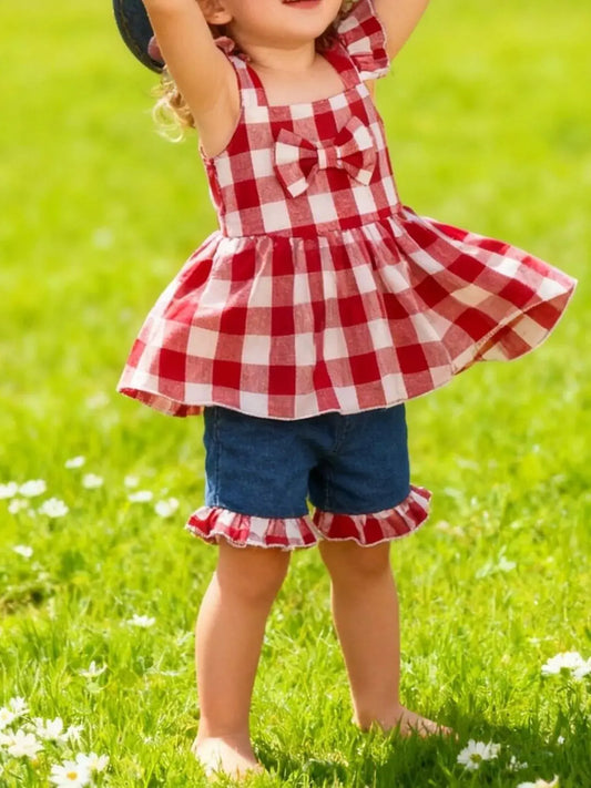 Children's Gingham Bowknot Ruffle Trim Top and Shorts Set Simply Love