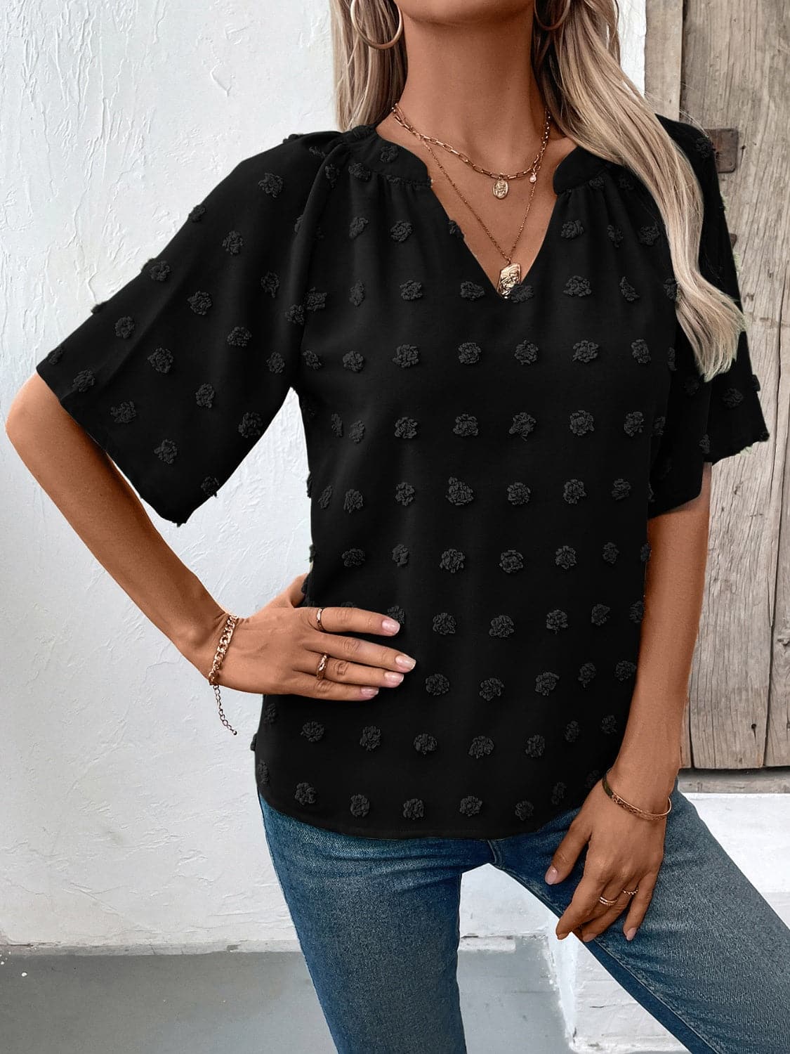 Swiss Dot Notched Half Sleeve Blouse.