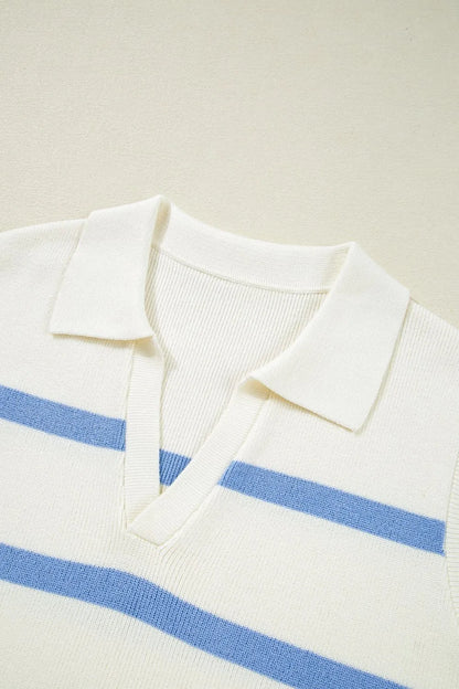 Stripe Split V Neck Collared Ribbed Sweater Vest