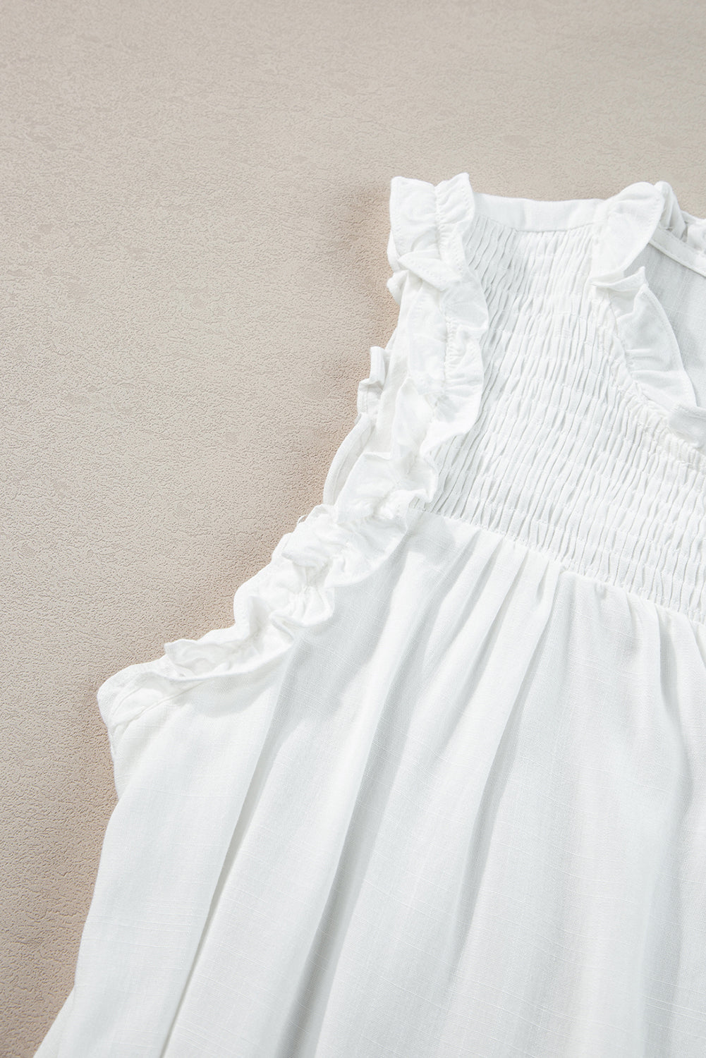 Chic white ruffled trim tank top with buttoned split neck