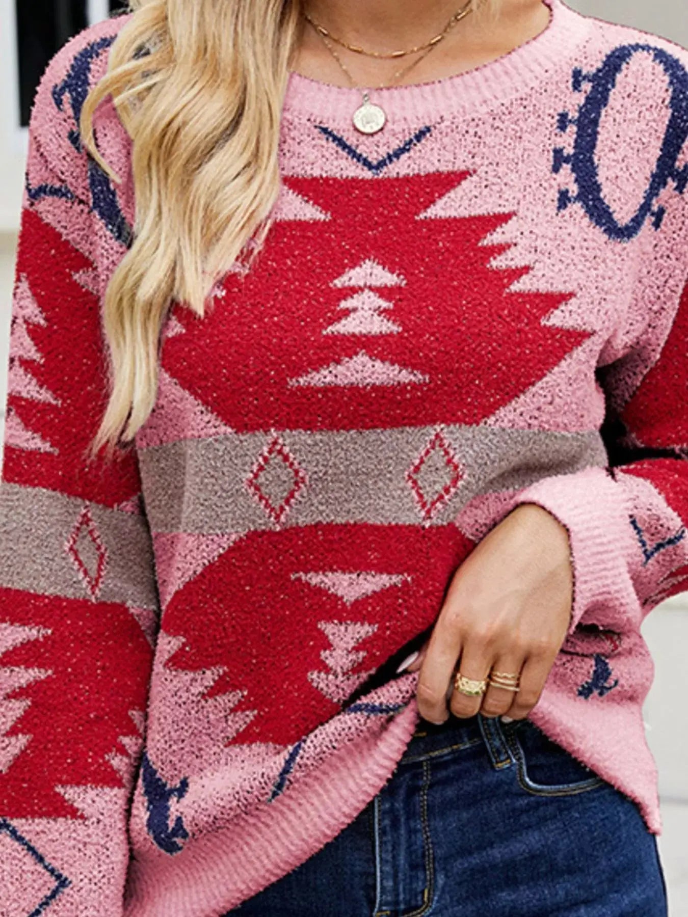 Geometric Round Neck Long Sleeve Sweater Simply Love
