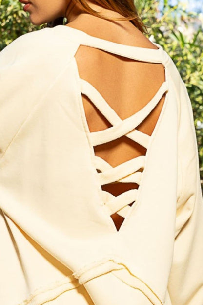 POL Back Cross Strap Detail Balloon Sleeve Sweatshirt.