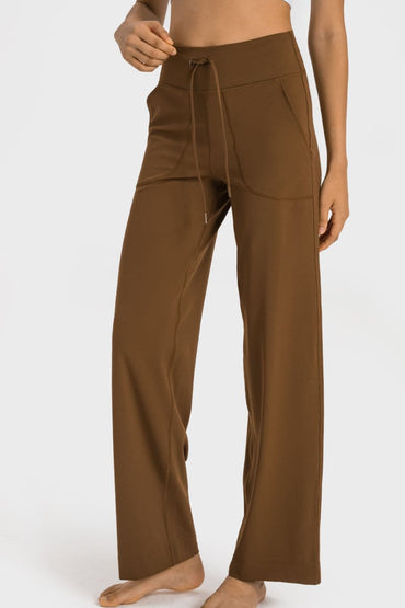 Drawstring Waist Wide Leg Sports Pants with Pockets.