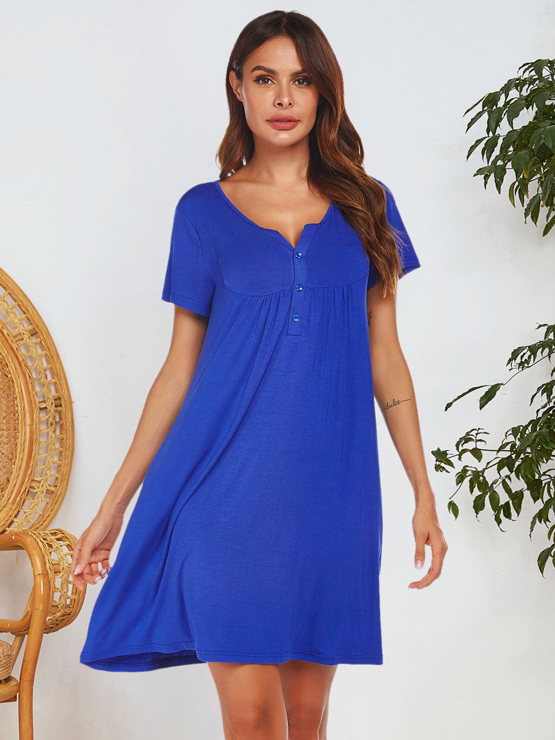 Notched Short Sleeve Mini Lounge Dress.