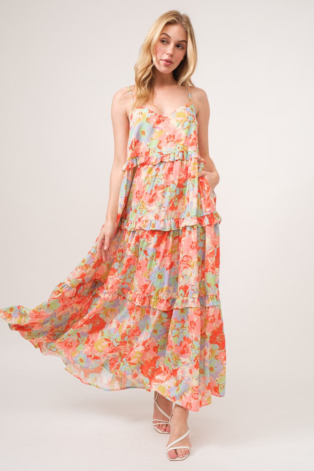 And The Why Floral Ruffled Tiered Maxi Adjustable Strap Cami Dress.